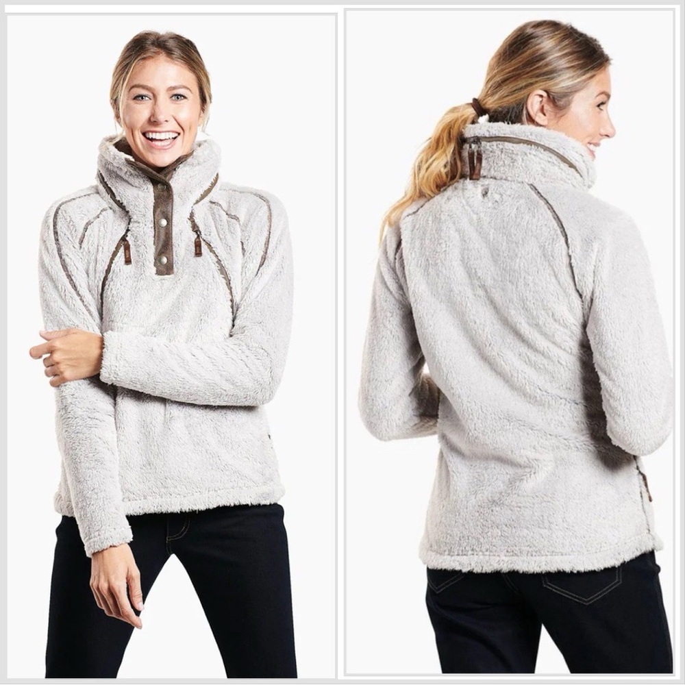 Kuhl Women’s Stone Flight Pullover Fleece Small Stowaway Hood Fuzzy Soft‎ Stone